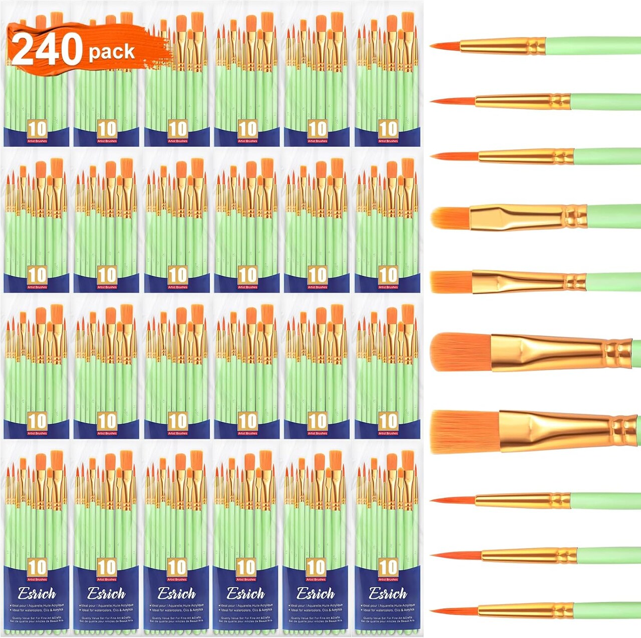 Paint Brushes Set,24 Packs 240 Pcs Acrylic Paint Brush Set,Acrylic Oil Watercolor, Face Nail Art, Miniature Detailing,Rock Painting,Painting Artist Professional Kits(Green)